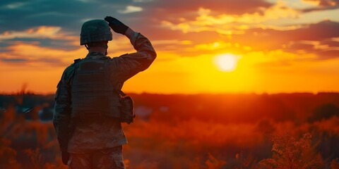 Military officer salutes during golden hour showcasing honor and dedication. Concept Golden Hour Photography, Military Officer, Salute, Honor, Dedication