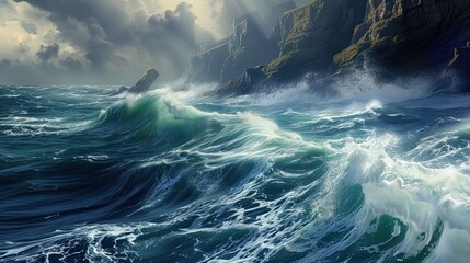 Storm at sea. Sea, swell, yacht, disaster, weather station, forecast, sail, storm, wind, waves, thunderstorm, ship, hurricane, calm, ocean, shipwreck, weather, boat, tsunami. Generated by AI - obrazy, fototapety, plakaty