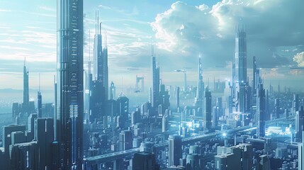 A Futuristic Cityscape with AI Integration: An artistic rendering of a futuristic city skyline with AI-powered technologies seamlessly integrated into daily life, such as autonomous vehicles, smart bu