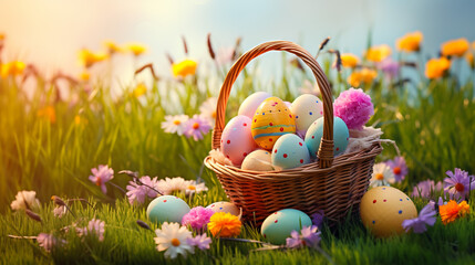 Fototapeta na wymiar Easter eggs on meadow grass background