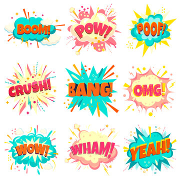 Big vector set of speech bubbles - pow, boom, poof, crush, bang, omg, wow, wham, yeah. Cartoon explosions isolated on white background.