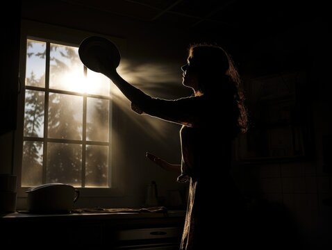 A woman is holding a ball in a dimly lit room.