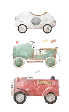 Watercolor sports retro cars. Decor for a children's room. Vintage toy cars.