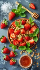 American breakfast granola with berries, milk, and honey on white background, copy space