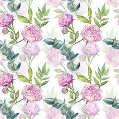Watercolor seamless pattern with hand painted pink flowers of peony and leaves in pastel colors inspired by garden plants. Batik. Romantic floral background perfect for fabric textile, vintage paper 