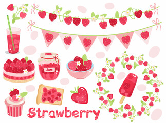 Vector clipart for Strawberry Day. Holiday flags, ice cream, juice, strawberry heart, jam, cake, strawberry dessert, round strawberry frame, set, collection, party supplies