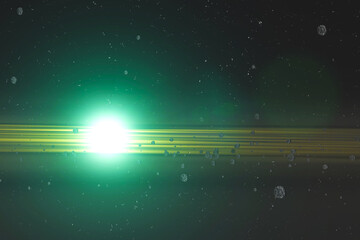 Abstract space background. Shining green star near asteroid field with lens flare. Elements of this 3D rendered illustration were furnished by NASA.