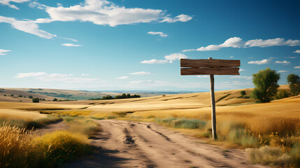 Wooden road sign isolated on village path with white clouds and mountain direction concept