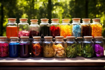 
Vibrant photo of homeopathic remedies arranged in colorful jars, creating a visually appealing display
