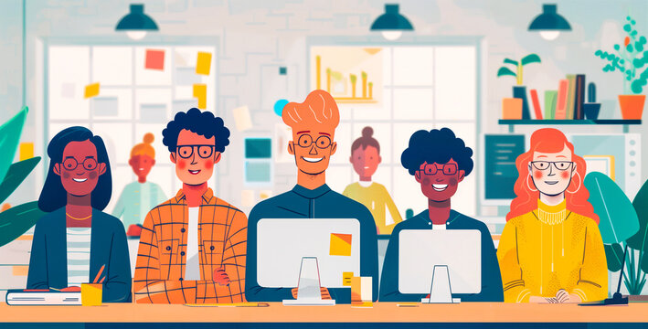 Illustration of diverse people working in the office, teamwork between colleagues