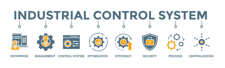 Industrial control system banner web icon illustration concept with icon of enterprise, management, control system, optimization, efficiency, security, process, centralization