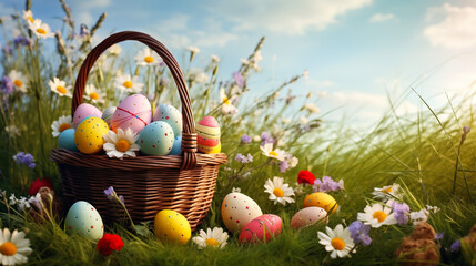 Happy Easter. Basket with Easter eggs in grass on a sunny spring day - Easter decoration, banner, panorama, background with copy space for text.
