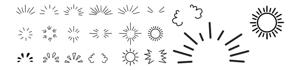 Doodle line sparkles and rays. Hand drawn explosion lines confetti, sun burst, decorative effect surprise elements. Sketch comic celebrating splash and sign. Vector set
