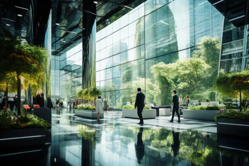 Corporate luxury modern interior. Business open space. Hotel lobby. Business people walking in modern glass company office building. High glass walls
