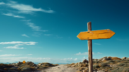 Wooden road sign isolated on village path with white clouds and mountain direction concept - obrazy, fototapety, plakaty