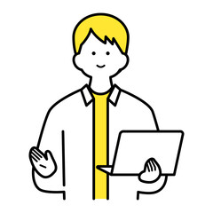 ノートパソコンを開いて持つ男性.