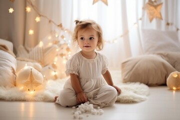 Fototapeta premium A small female child is seated on top of a bed, gazing ahead.