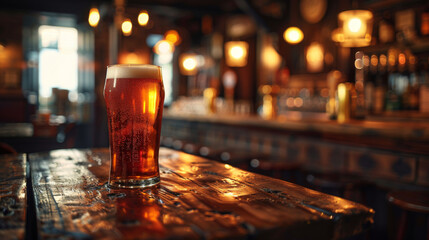 Warmly lit pub interior highlighting a glowing glass of amber beer on a rustic wooden bar counter.
