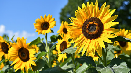 Obraz premium An array of bright sunflowers turning towards the sun, their yellow petals and dark centers captured in high-definition 4K HDR, set against a backdrop of a clear summer sky.