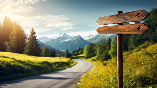 Wooden road sign isolated on village path with white clouds and mountain direction concept