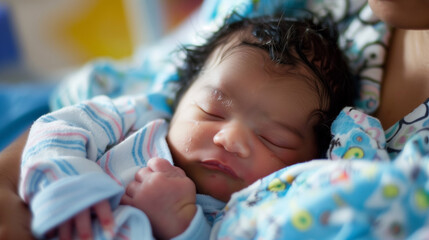 Newborn laying on mother's chest, close and intimate, in hospital.