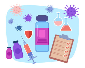 Obraz premium Vaccine ampoule vector illustration with checklist, syringe, glass flasks and virus on background. Effective vaccine from Covid-19, safety, vaccination concept