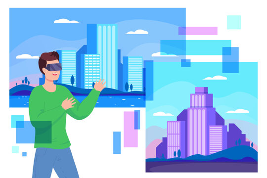 Man in VR glasses testing application vector illustration. Different cityscapes. Virtual reality experience concept