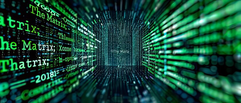 A Matrix-Like Code Stream: A visual representation resembling the iconic green code streams from the movie "The Matrix," symbolizing the computational power and data processing capabilities of AI syst