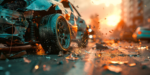 Car accident collision on the road render 3d - obrazy, fototapety, plakaty