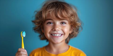 happy smile white kid boy child holds a toothbrush in hand on a blue isolated background. Pediatric dentistry for brushing teeth