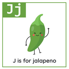 Learning English alphabet for kids. Letter J. Cute cartoon jalapeno.