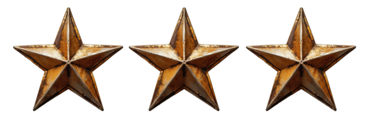 three gold star shape isolated on transparent background ,generative ai