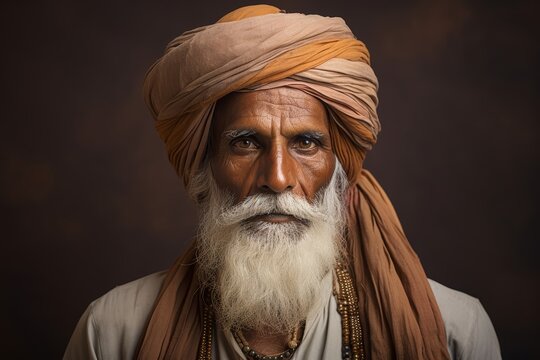 A distinguished elderly Kshatriya man, his regal bearing and dignified appearance accentuated by traditional attire and perhaps a turban or headgear, embodying the wisdom and leadership q
