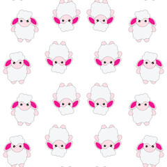 Vector Funny Cute Sheep on Blue and Pink Background. Cartoon Sheep Print, Design for Kids, Girls, Boys. Standing Vector Little Baby Sheep in Kawaii Style