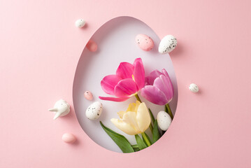 Warm Easter greeting idea: overhead shot of bright tulips, a bunny statuette, and pastel eggs displayed through an egg-shaped cutout on a light pink surface, with empty space for messages