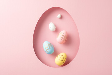 Easter inspiration: top view featuring multicolored eggs through an egg-shaped gap on a soft pink...