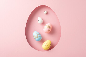 Easter inspiration: top view featuring multicolored eggs through an egg-shaped gap on a soft pink surface, space for greetings