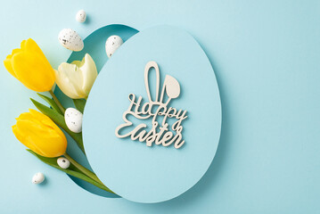 Bright Easter theme visual: Overhead shot of quail eggs and spring tulips seen through an egg cutout, showcasing 