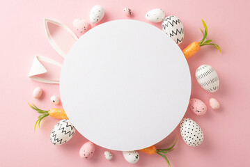 Easter craft inspiration: Top view of simple hued eggs, winsome bunny ears, and carrot offerings...