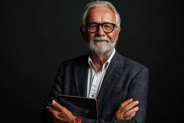 Stylish senior man confidently holding a digital photo frame on a dark background