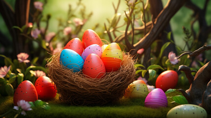 Painted Easter eggs in wattle rattan wreath nest. bunch of pussy willow twigs. some other fresh twigs are in the backdrop - obrazy, fototapety, plakaty