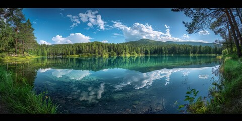 Tranquil lake surrounded by green trees with mountains in the background. The sky is bright with white clouds reflecting in the crystal clear waters of the lake
