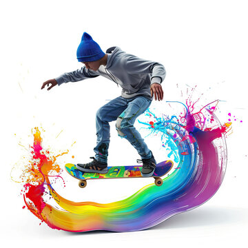 Adventurous skateboarder boy with a beanie, baggy jeans, graffiti-covered skateboard, performs tricks on a rainbow ramp amidst swirling spray paint. 3d render in minimal style isolated on white backdr
