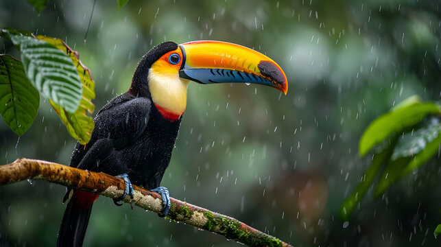 Toucan sitting on the branch in the forest, green vegetation, Costa Rica. Nature travel in central America, ai generated
