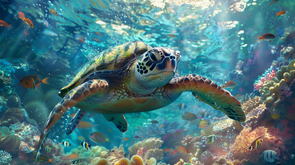 Swimming Turtle  in clear sea water, Turtle Over Vibrant Coral Reef, Generative AI