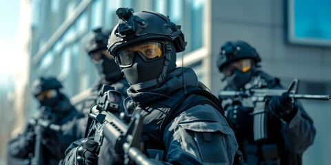 An elite team of SWAT officers equipped with masks rifles and flashlights secure a seized office building. Concept Police Operation, SWAT Team, Seized Building, Tactical Equipment, Law Enforcement
