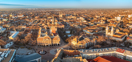 Aerial view of a famous Subotica town hall as a symbol of the city history and architectural heritage, with its red facade and elegant clock tower drawing visitors and tourists to Serbia