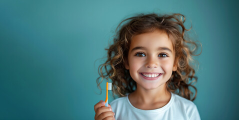 happy white kid girl child holds a toothbrush in hand on a blue isolated background. Pediatric dentistry for brushing teeth