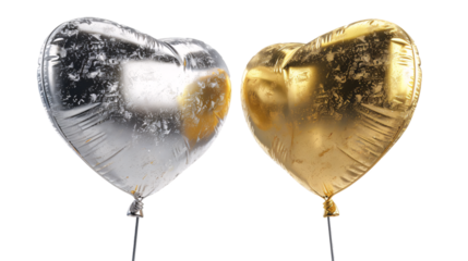 Two heart-shaped golden and silver shiny party balloons on an isolated background