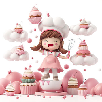 Cheerful baking enthusiast girl with a chef's hat, apron, whisk, surrounded by floating cupcakes, bakes in a whimsical kitchen filled with candy clouds. 3d render in minimal style isolated on white
